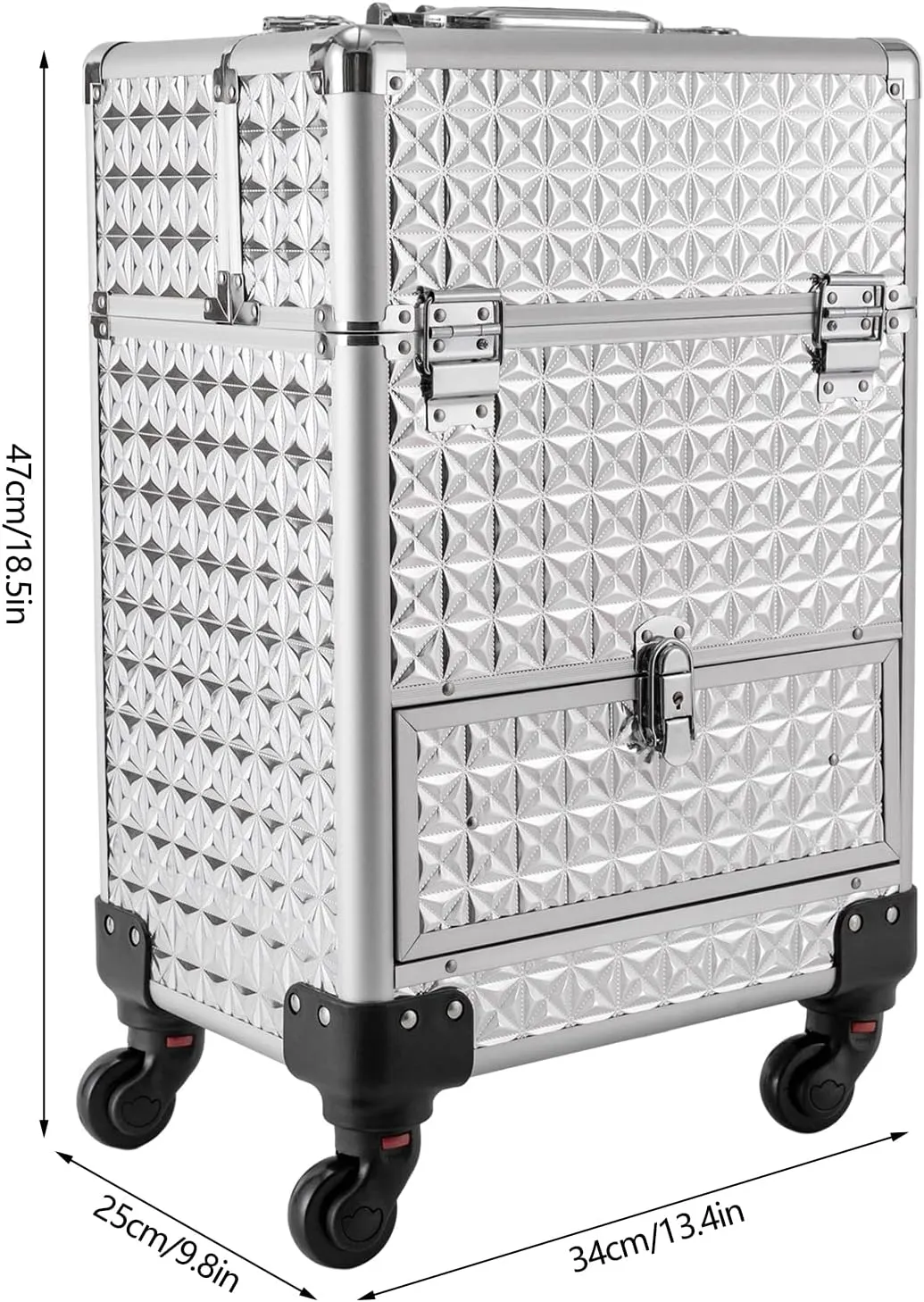 Rolling Makeup Train Case,Professional Makeup Trolley with Drawer,Rolling Nail Case Wheeled Manicure Storage Case for Hair Stylists,Pet Groomers,Makeup Artists (Sliver)