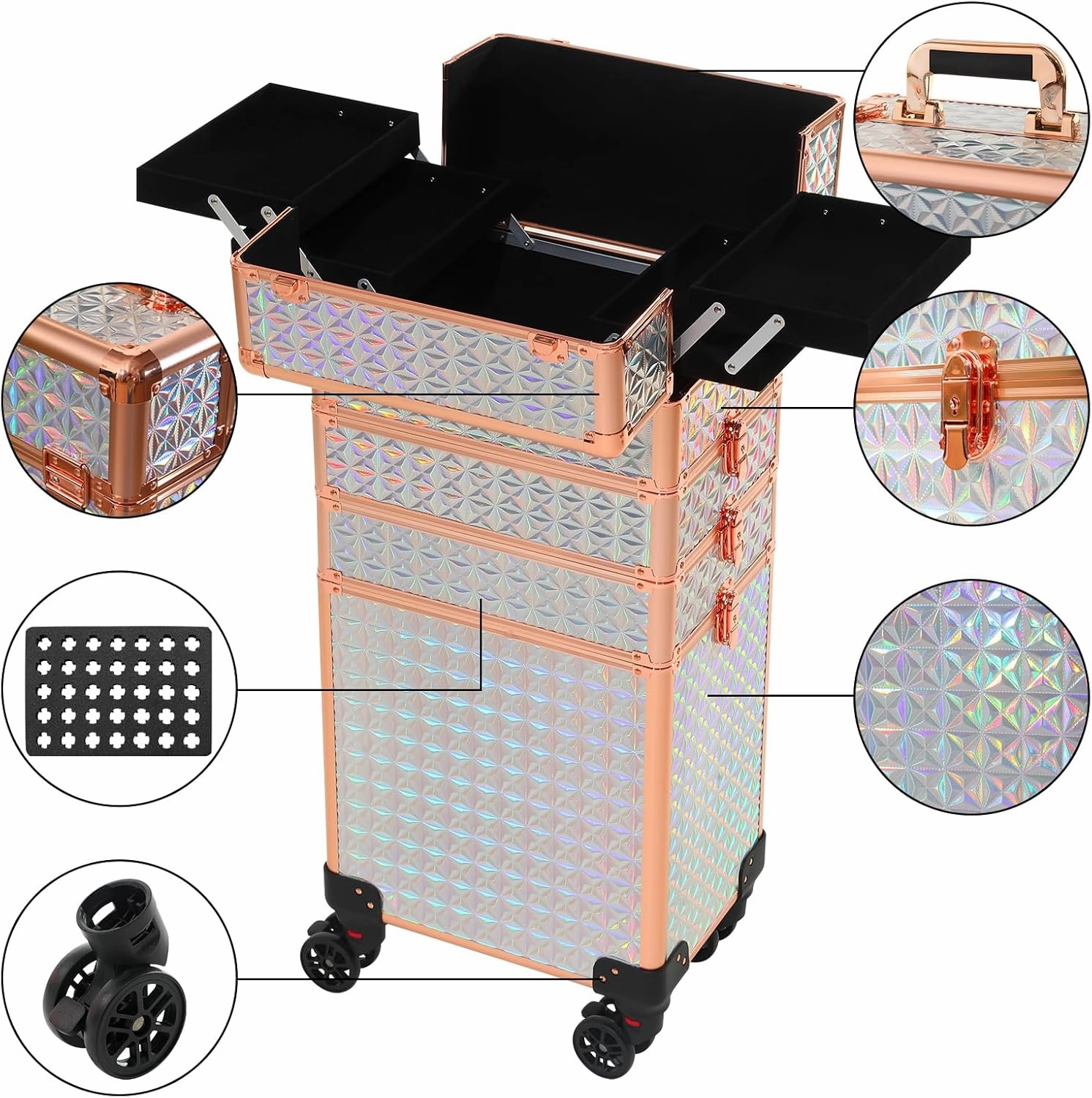 Rolling Train Case 4-in-1 Portable Makeup Train Case Professional Cosmetic Organizer Makeup Traveling case Trolley Cart Trunk (colorful silver)