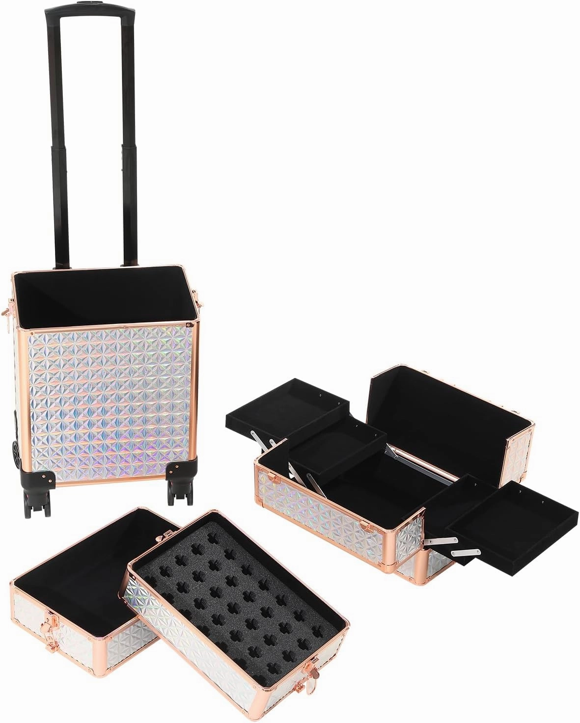 Rolling Train Case 4-in-1 Portable Makeup Train Case Professional Cosmetic Organizer Makeup Traveling case Trolley Cart Trunk (colorful silver)