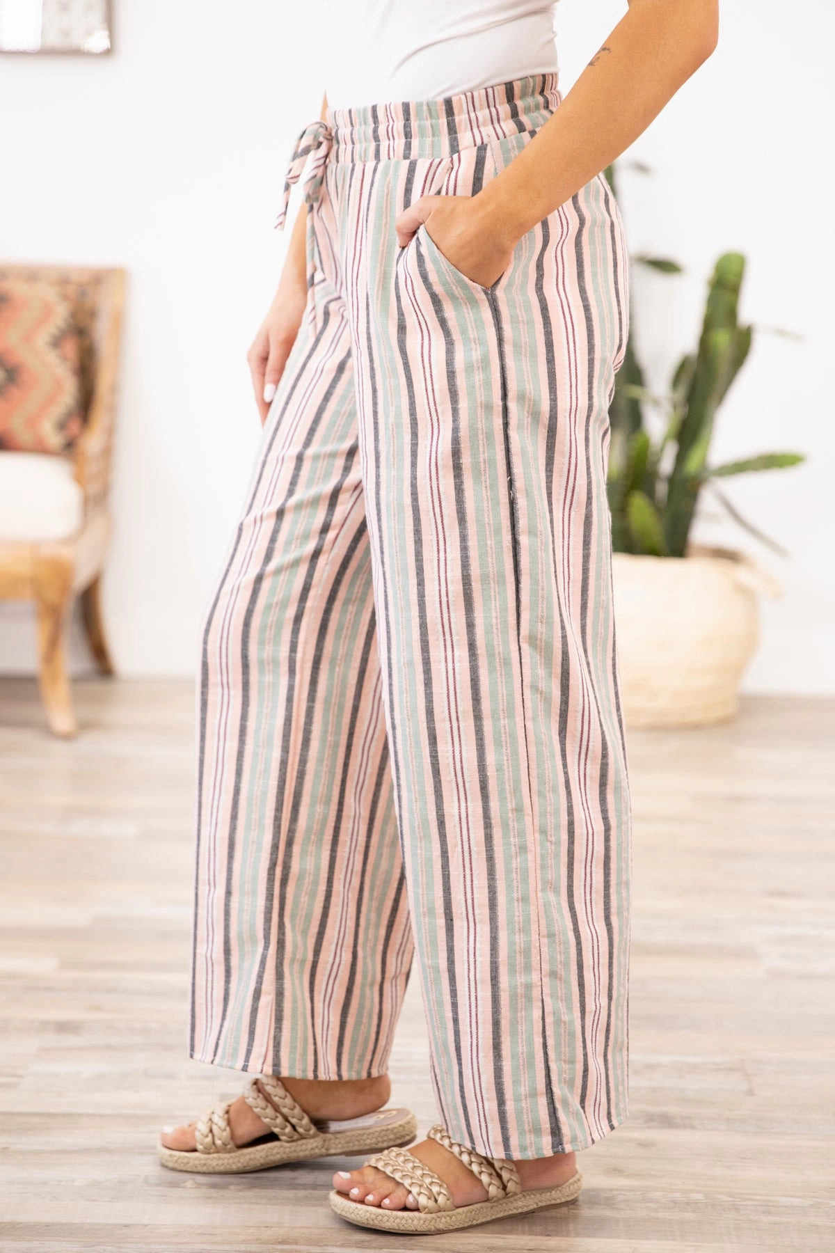 Sage and Blush Stripe Elastic Waist Pants