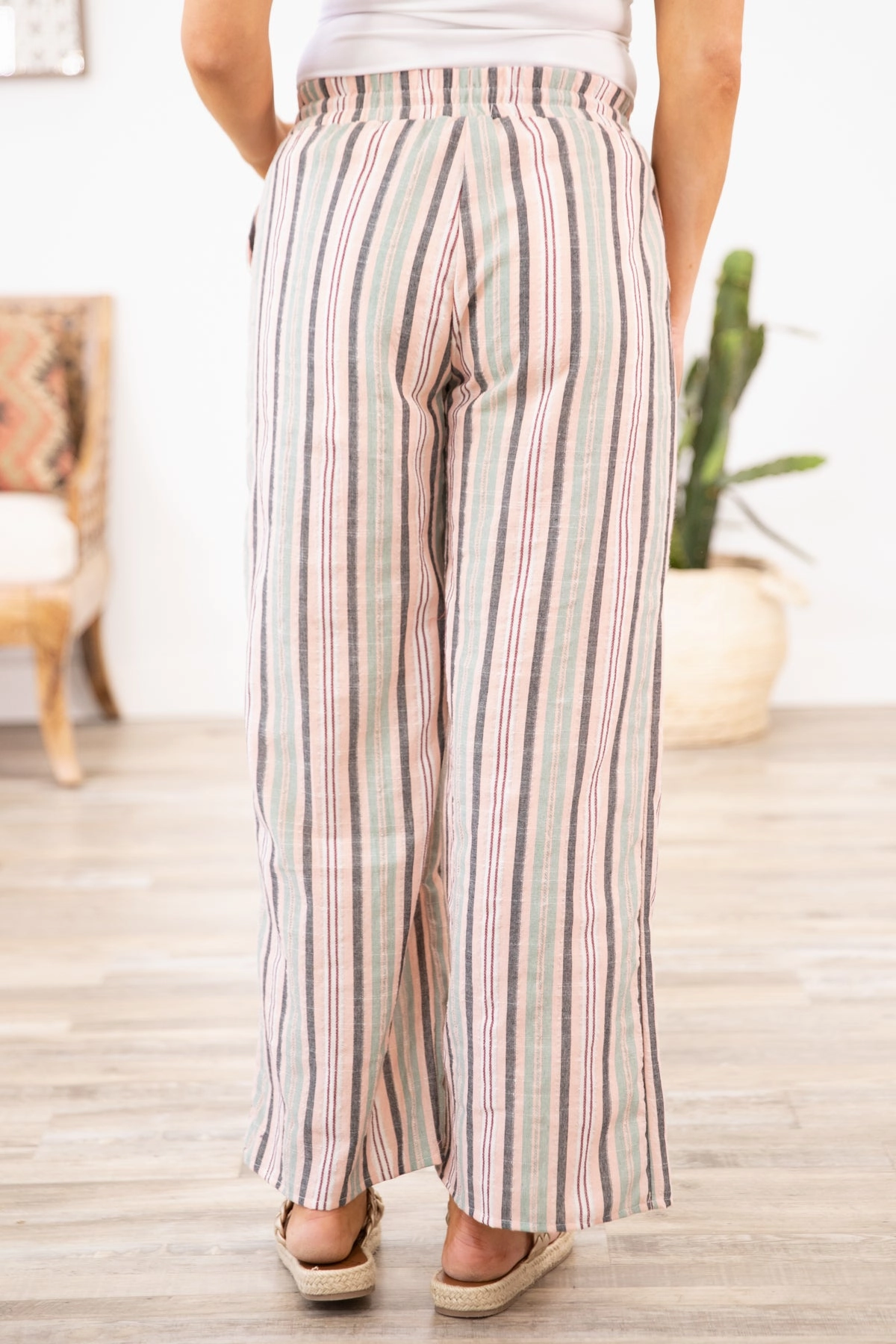 Sage and Blush Stripe Elastic Waist Pants