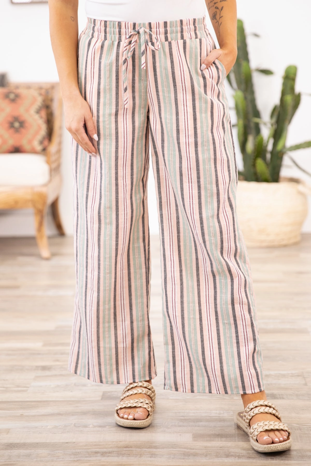 Sage and Blush Stripe Elastic Waist Pants