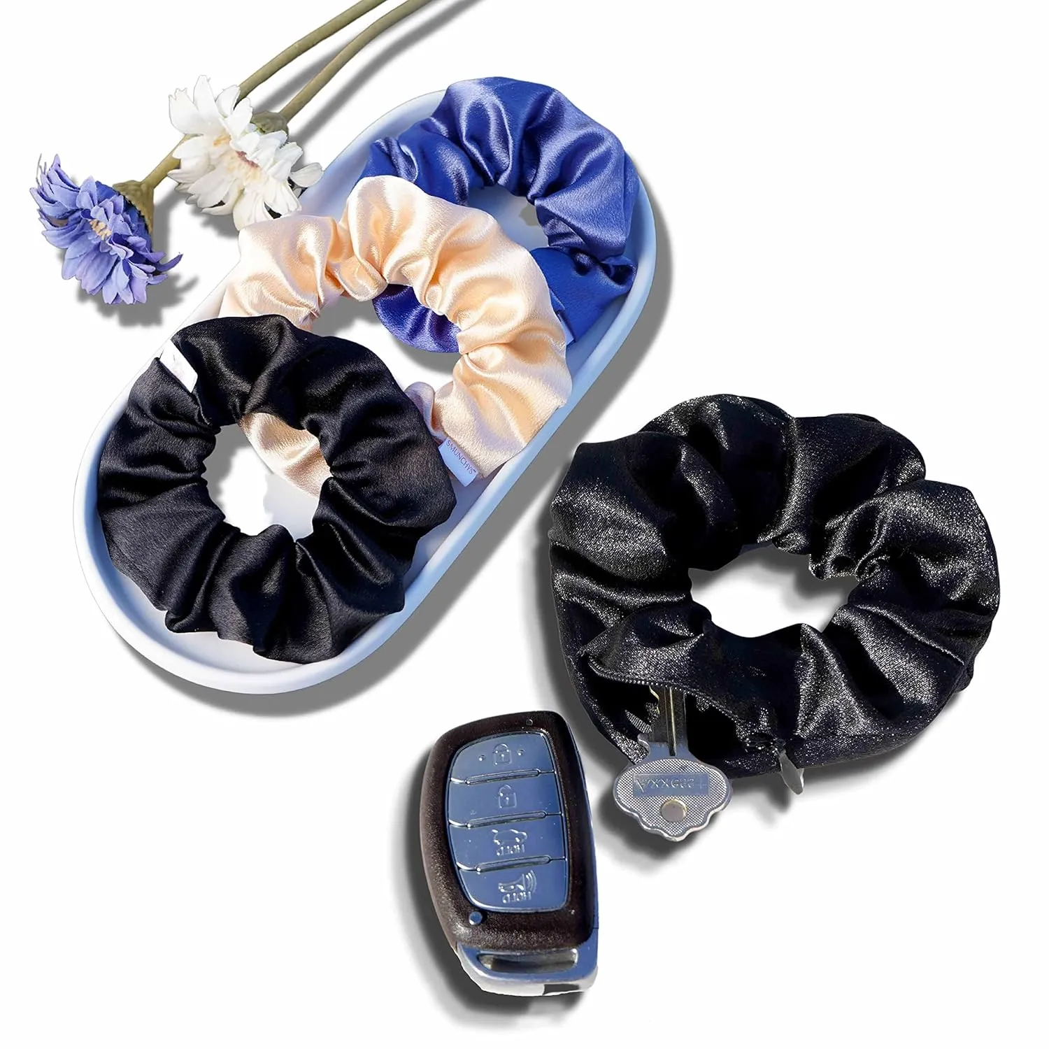 Satin Scrunchie with Hidden Zipper Pocket, 3 Count (Assorted) - Perfect for Women with Curly, Straight, Thick, or Thin Hair, Stocking Stuffers, Holiday Gifts, Birthday Gifts, Bridal Gifts