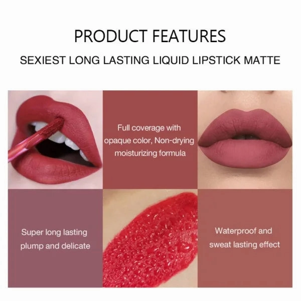 Sexy Long-Lasting Velvet Matte Lip Gloss – Liquid Lipstick for Women, Nonstick Cup, Waterproof Red Lip Makeup