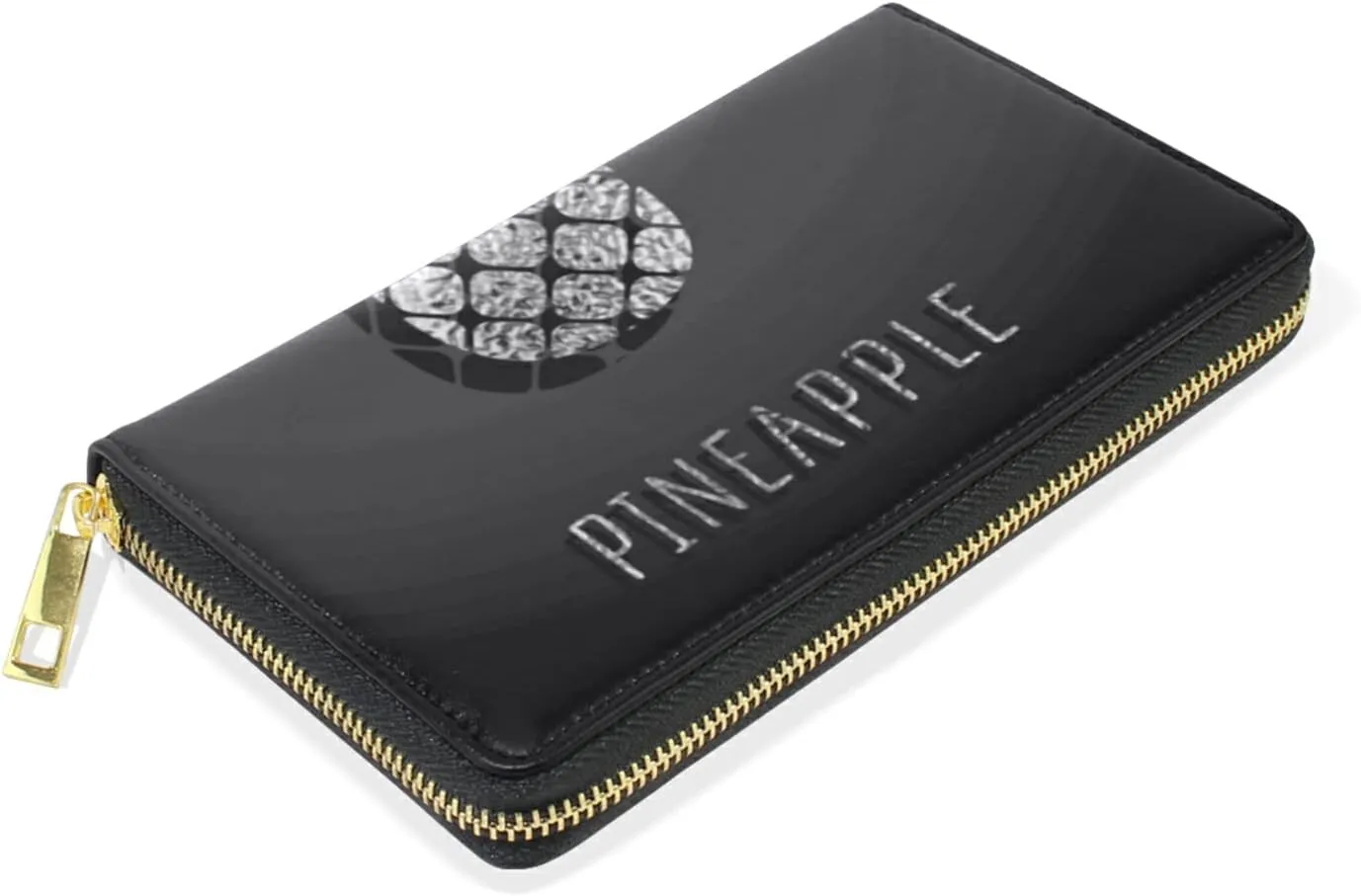 Silver Glittering Pineapple Glossy Exotic Fruit on Dark Leather Long Wallet Organizer with Zipper Purse Clutch Bag for Women Men Key Card Coin Passport Checkbook