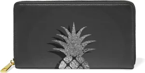 Silver Glittering Pineapple Glossy Exotic Fruit on Dark Leather Long Wallet Organizer with Zipper Purse Clutch Bag for Women Men Key Card Coin Passport Checkbook