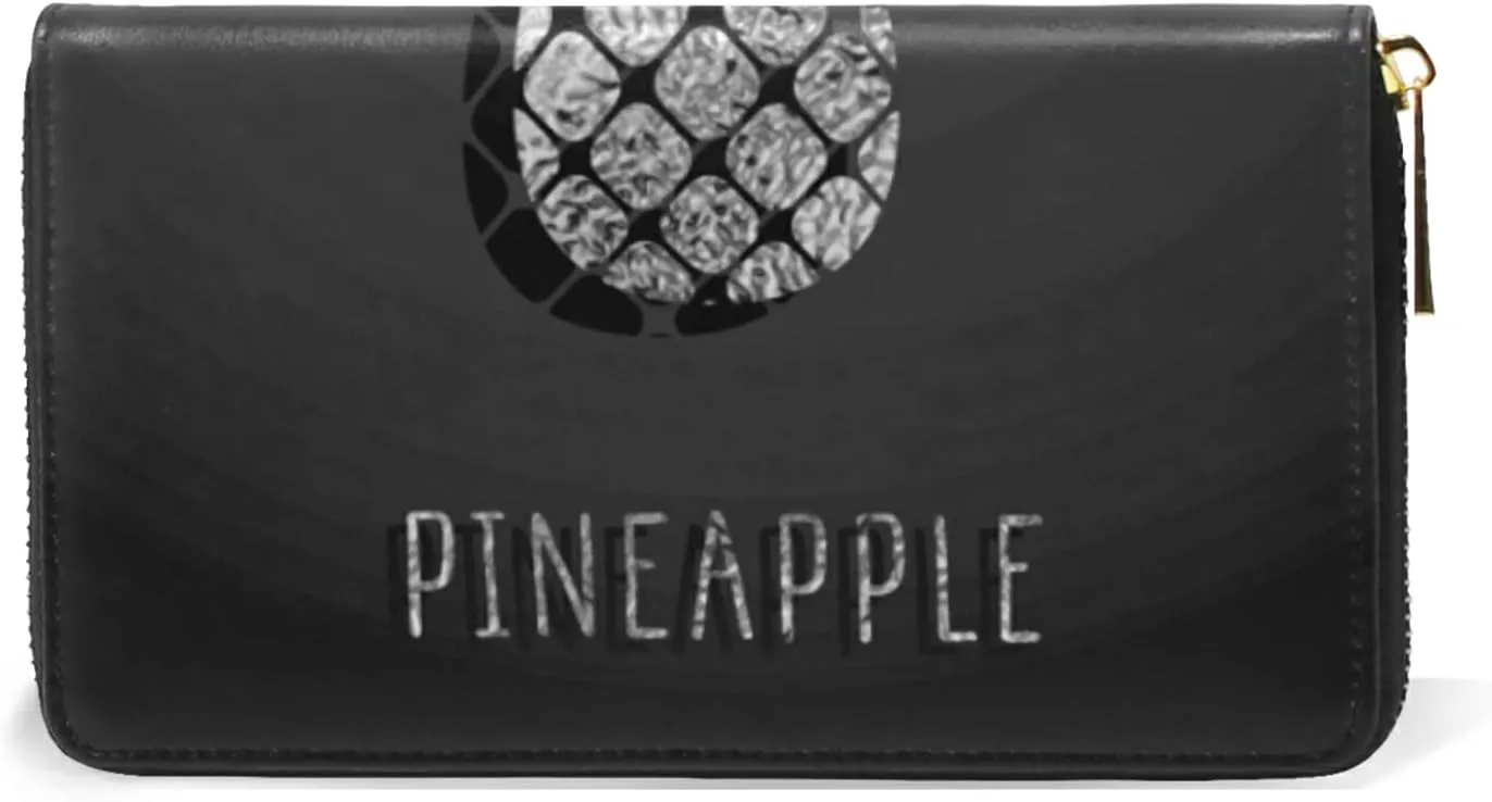Silver Glittering Pineapple Glossy Exotic Fruit on Dark Leather Long Wallet Organizer with Zipper Purse Clutch Bag for Women Men Key Card Coin Passport Checkbook