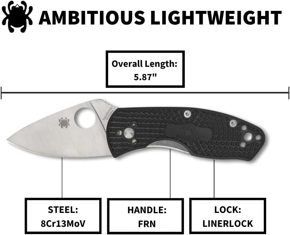 Spyderco Ambitious Lightweight Pocket Knife with 8Cr13MoV Stainless Steel Blade with Black FRN Handle