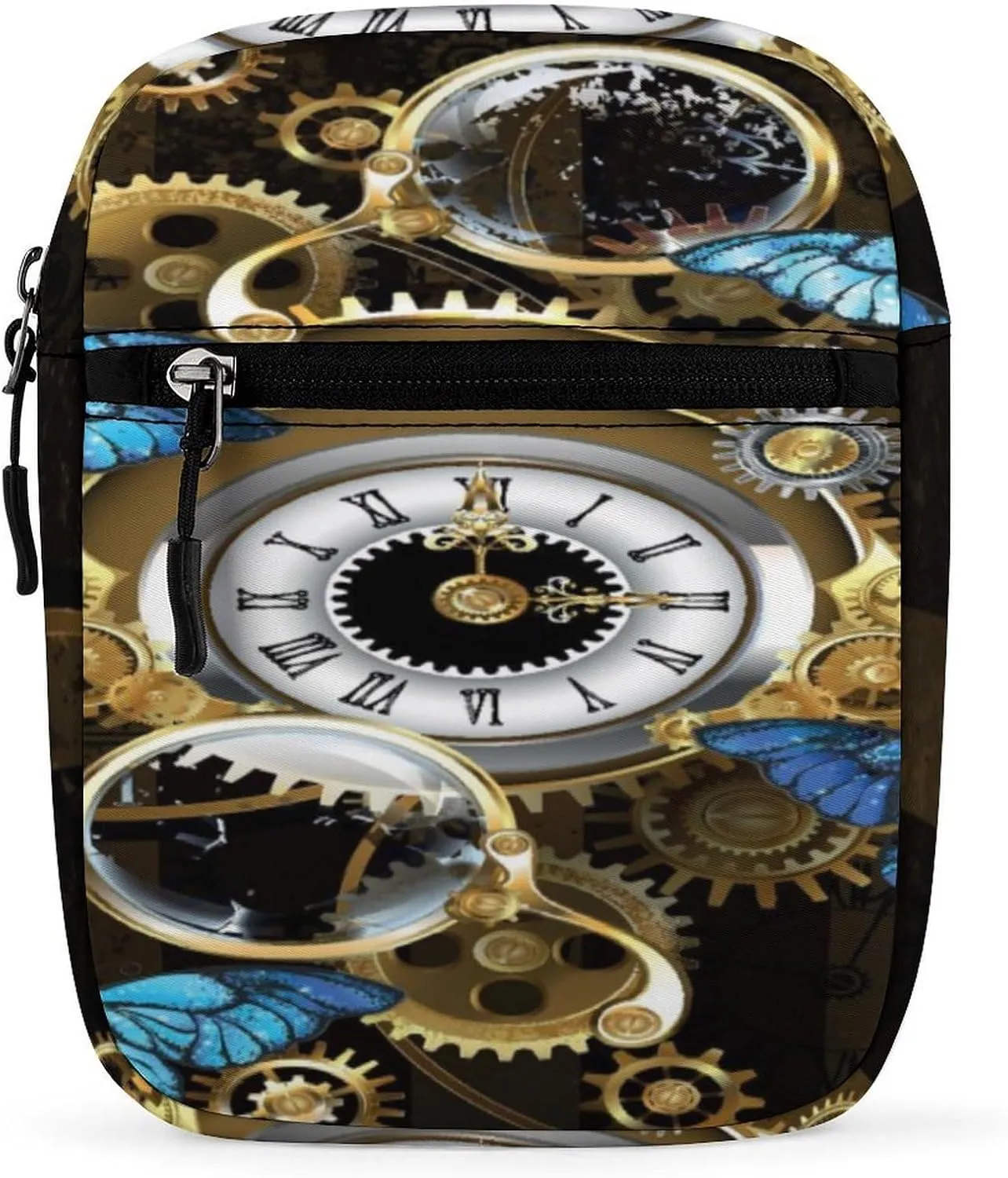 Steampunk Clock Butterflies Small Crossbody Bag Vintage Gold Gears Sling Bag Shoulder Handbag For Women Men Mini Messenger Bags With Adjustable Straps