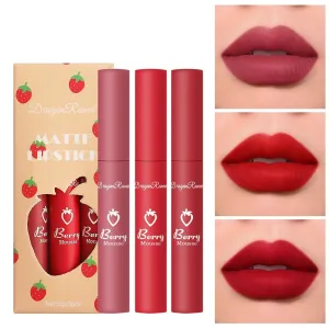TEAYASON 3 piece Strawberry Set Box with Velvet Mist Matte Lip Glaze Lipstick Lip Colored Women's Non stick Cup Cute Set (B)