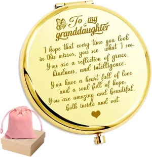 to My Granddaughter - You're Amazing and Beautiful - Pocket Mirror, Granddaughter Engraved Compact Mirror, Family First Mirror Encouragement Gifts from Grandparents (Gold, Granddaughter)