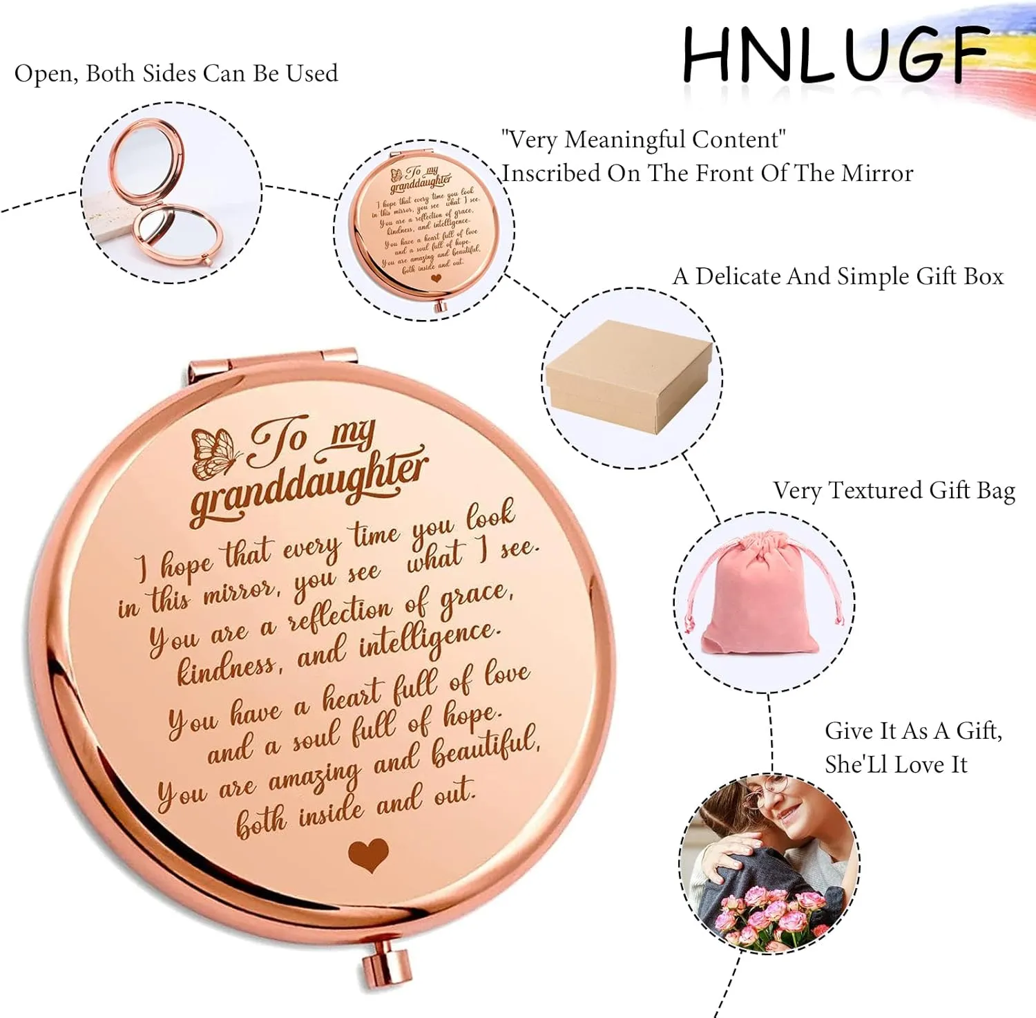 to My Granddaughter - You're Amazing and Beautiful - Pocket Mirror, Granddaughter Engraved Compact Mirror, Family First Mirror Encouragement Gifts from Grandparents (Gold, Granddaughter)