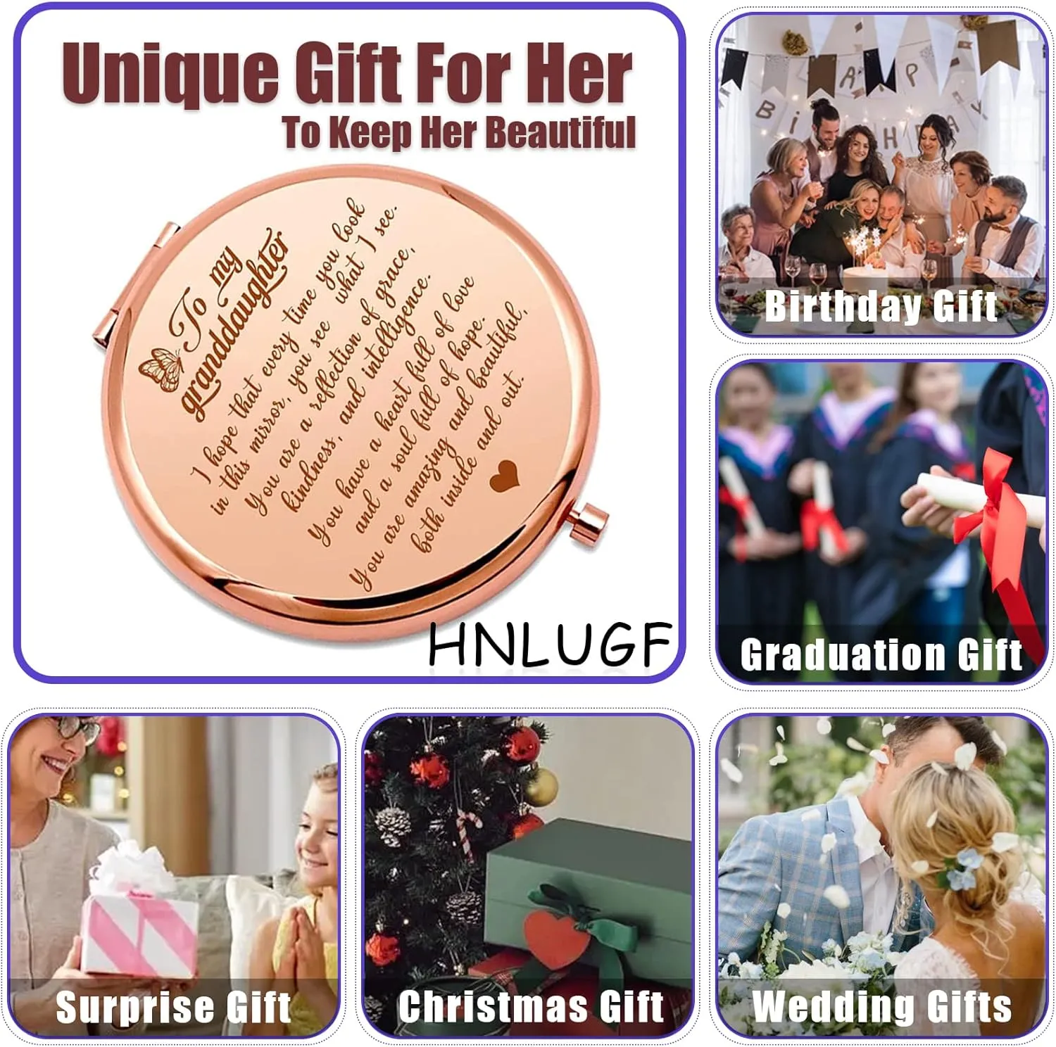 to My Granddaughter - You're Amazing and Beautiful - Pocket Mirror, Granddaughter Engraved Compact Mirror, Family First Mirror Encouragement Gifts from Grandparents (Gold, Granddaughter)