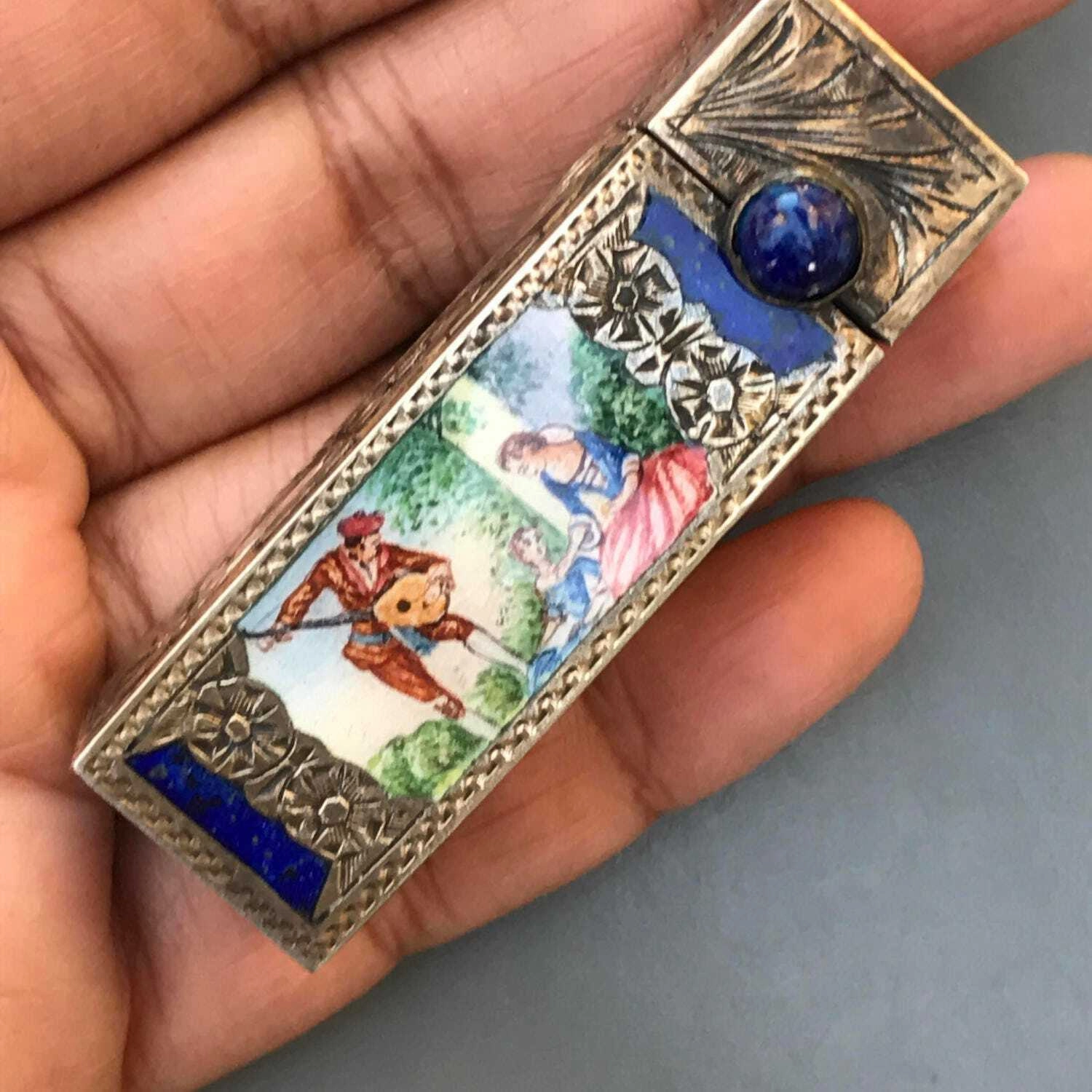 Vintage Italian Lipstick Holder . 800 Gilt Silver . Italian Enamel Jewelry