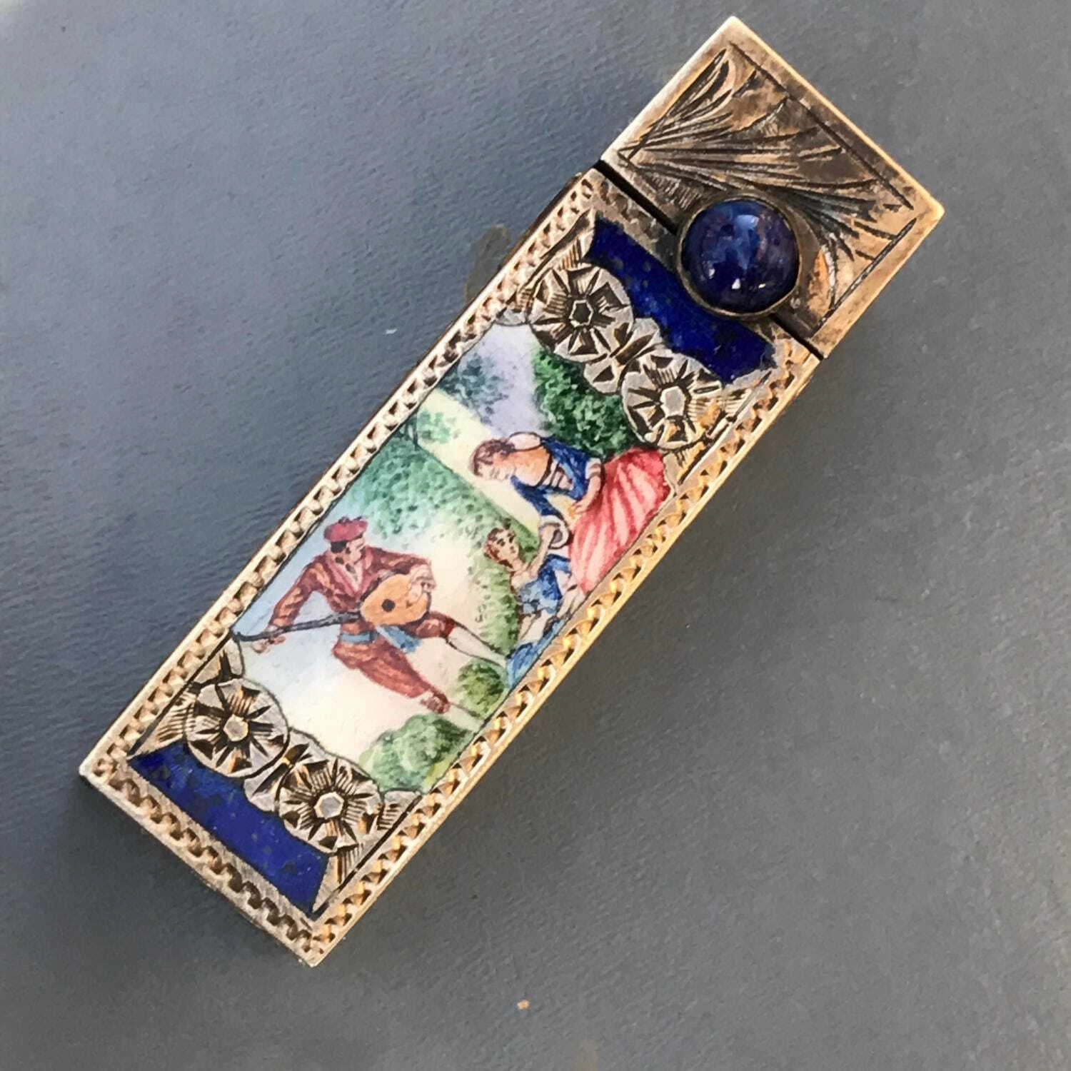Vintage Italian Lipstick Holder . 800 Gilt Silver . Italian Enamel Jewelry