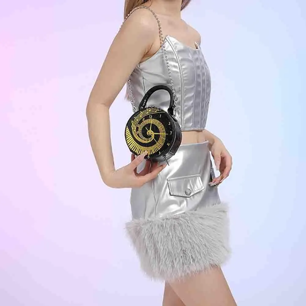 Women Round Clock Shaped Handbag, PU Leather Watch Printed Pattern Shoulder Purse, Novelty Unique Alarm Clock Crossbody Bag