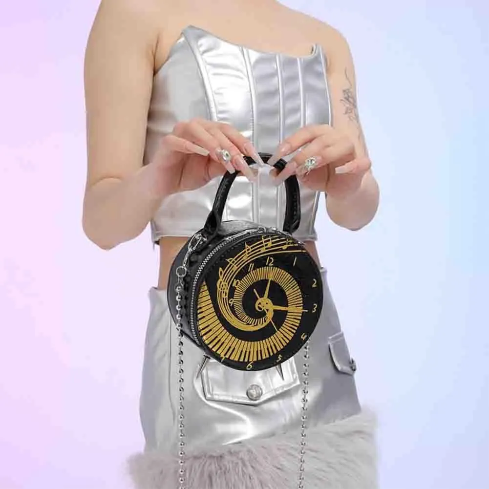 Women Round Clock Shaped Handbag, PU Leather Watch Printed Pattern Shoulder Purse, Novelty Unique Alarm Clock Crossbody Bag