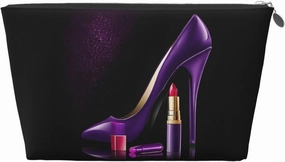 Women Makeup Bag Print Large Capacity Travel Cosmetic Bag, Leather Waterproof Toiletry Bag Pouch Purse (Elegant Purple High Heels with Lipstick), Silver Zipper