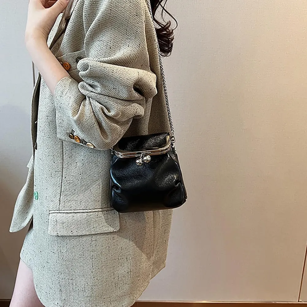 Women’s Kiss Lock Shoulder Bag, Leather Bucket Shaped Holder Pocket Crossbody Bag, Mini Lightweight Cell Phone Satchel Pouch