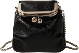 Women’s Kiss Lock Shoulder Bag, Leather Bucket Shaped Holder Pocket Crossbody Bag, Mini Lightweight Cell Phone Satchel Pouch