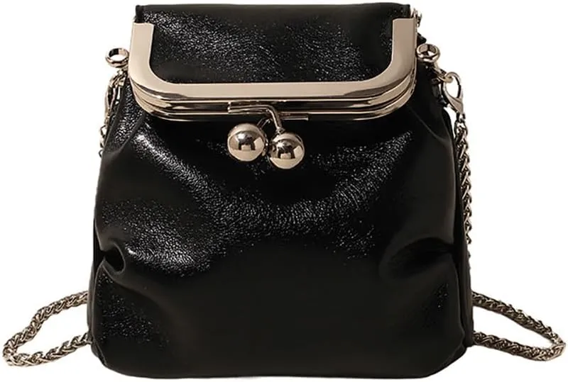 Women’s Kiss Lock Shoulder Bag, Leather Bucket Shaped Holder Pocket Crossbody Bag, Mini Lightweight Cell Phone Satchel Pouch
