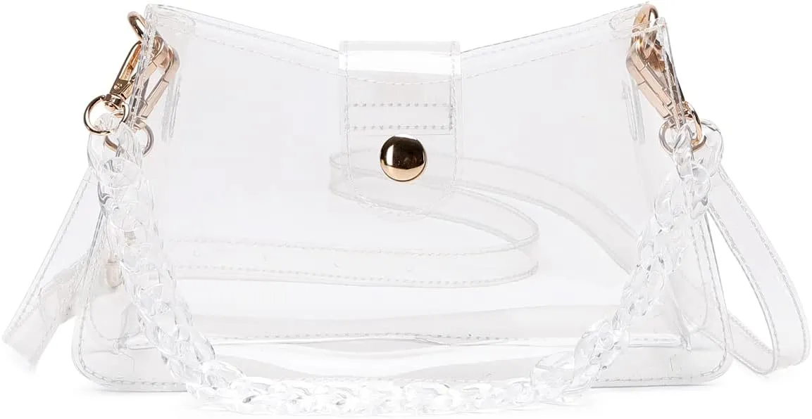Women's PVC Clear Purse See Through Designs Chain Handbag for Working Sports Stadium Approved Clear Bag