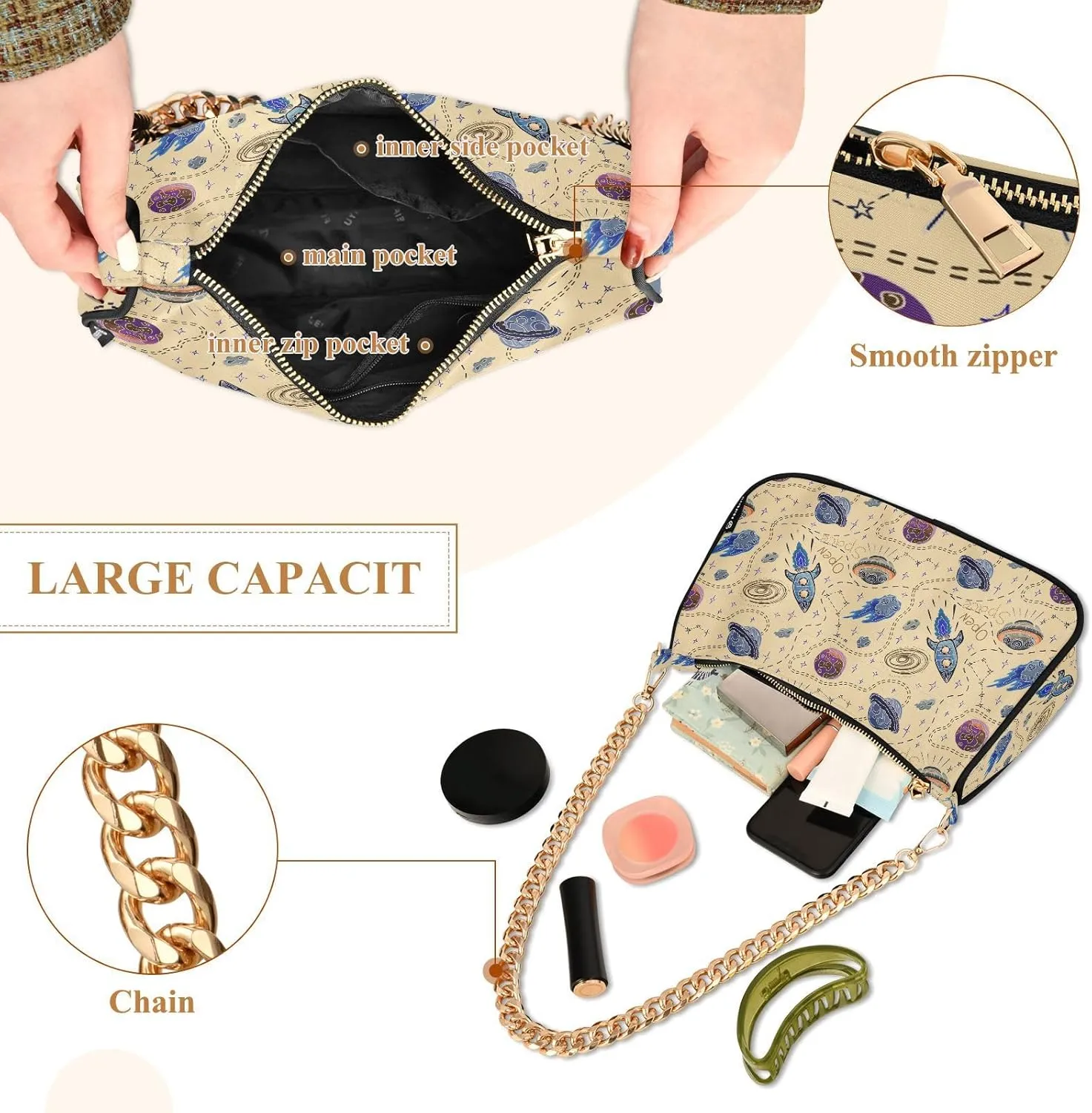 Women's Shoulder Handbags Chain Shoulder Brace for Women Bag Space Print Ladies Vacation Handbags Tote Purse,Multi1