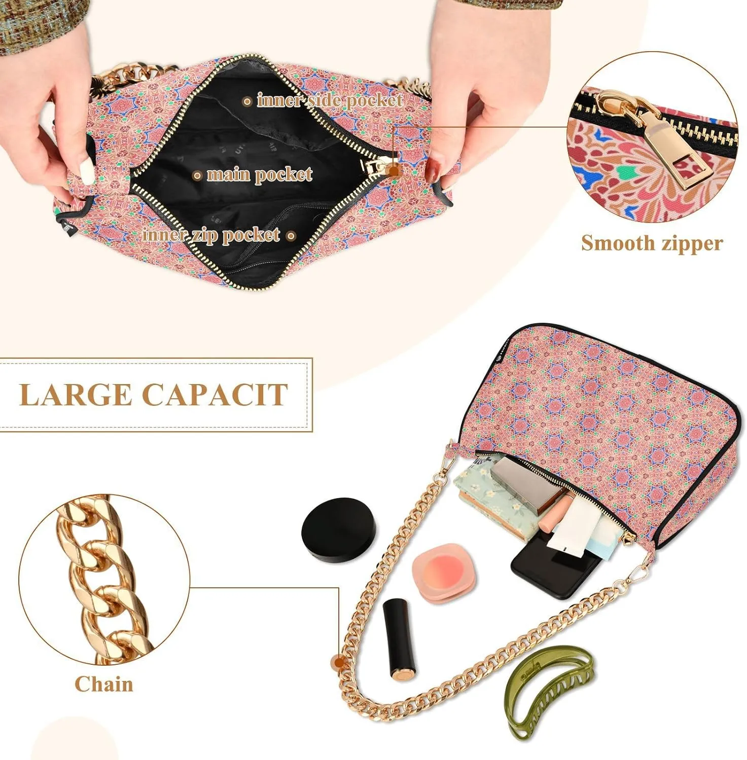 Women's Shoulder Handbags Chain Shoulder Brace for Women Bag Vintage Print Ladies Vacation Handbags Tote Purse,Multi1