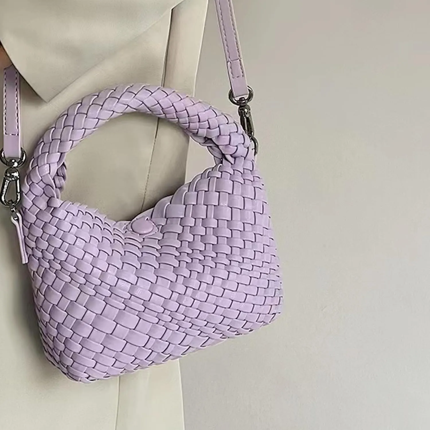 Woven Handbag For Women, Small Metallic Purse with Detachable Crossbody Strap, Girls Daily Top Handle Bag